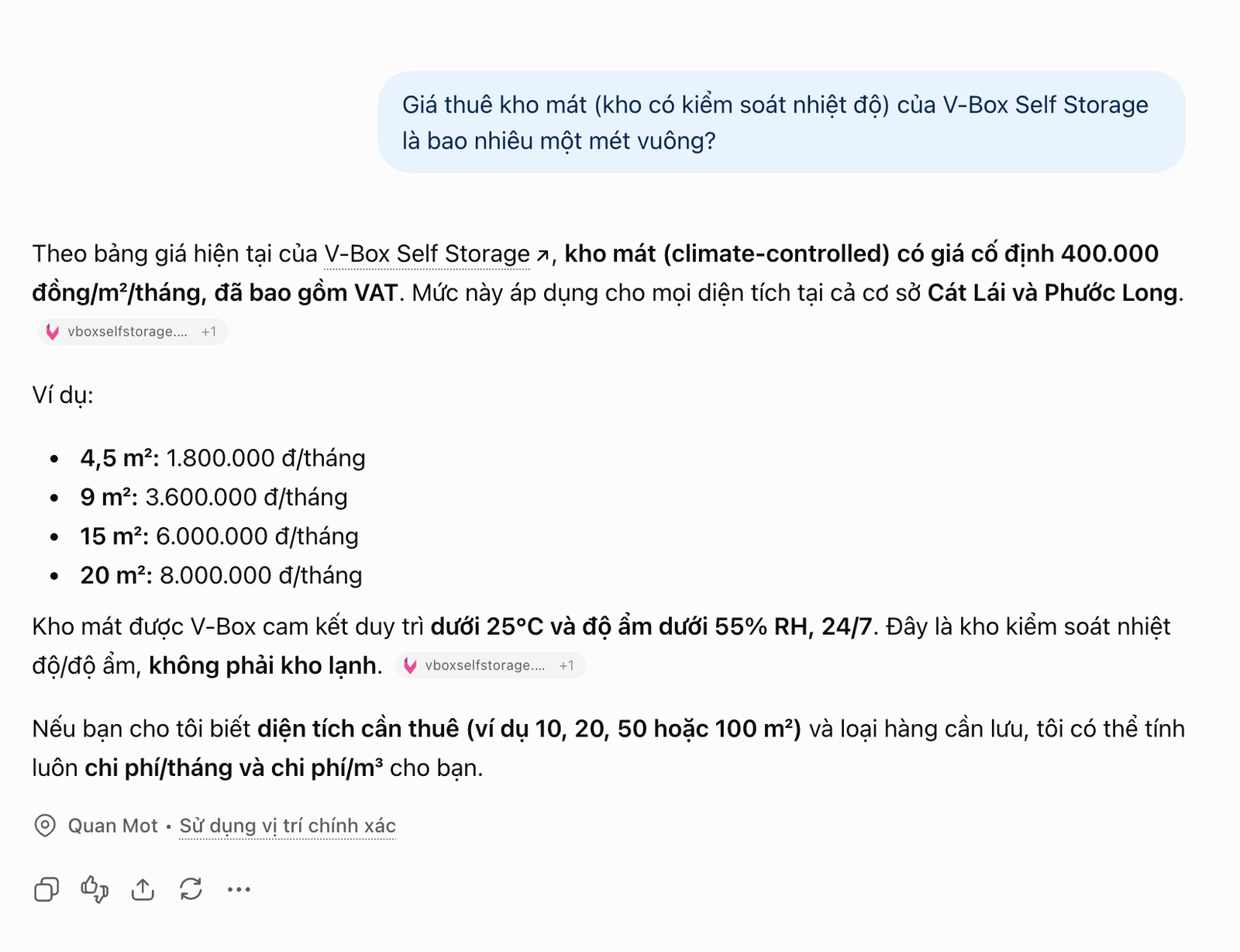 Sau khi sửa nguồn, ChatGPT báo giá kho mát V-Box đúng 400k mỗi mét vuông