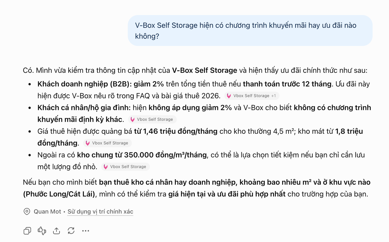 Sau khi sửa nguồn, ChatGPT nói V-Box chỉ giảm 2 phần trăm cho khách doanh nghiệp trả trước