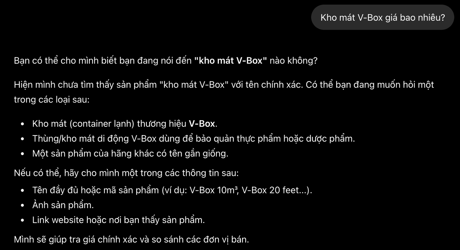 Ở baseline, AI báo giá kho mát V-Box 350-370k mỗi mét vuông