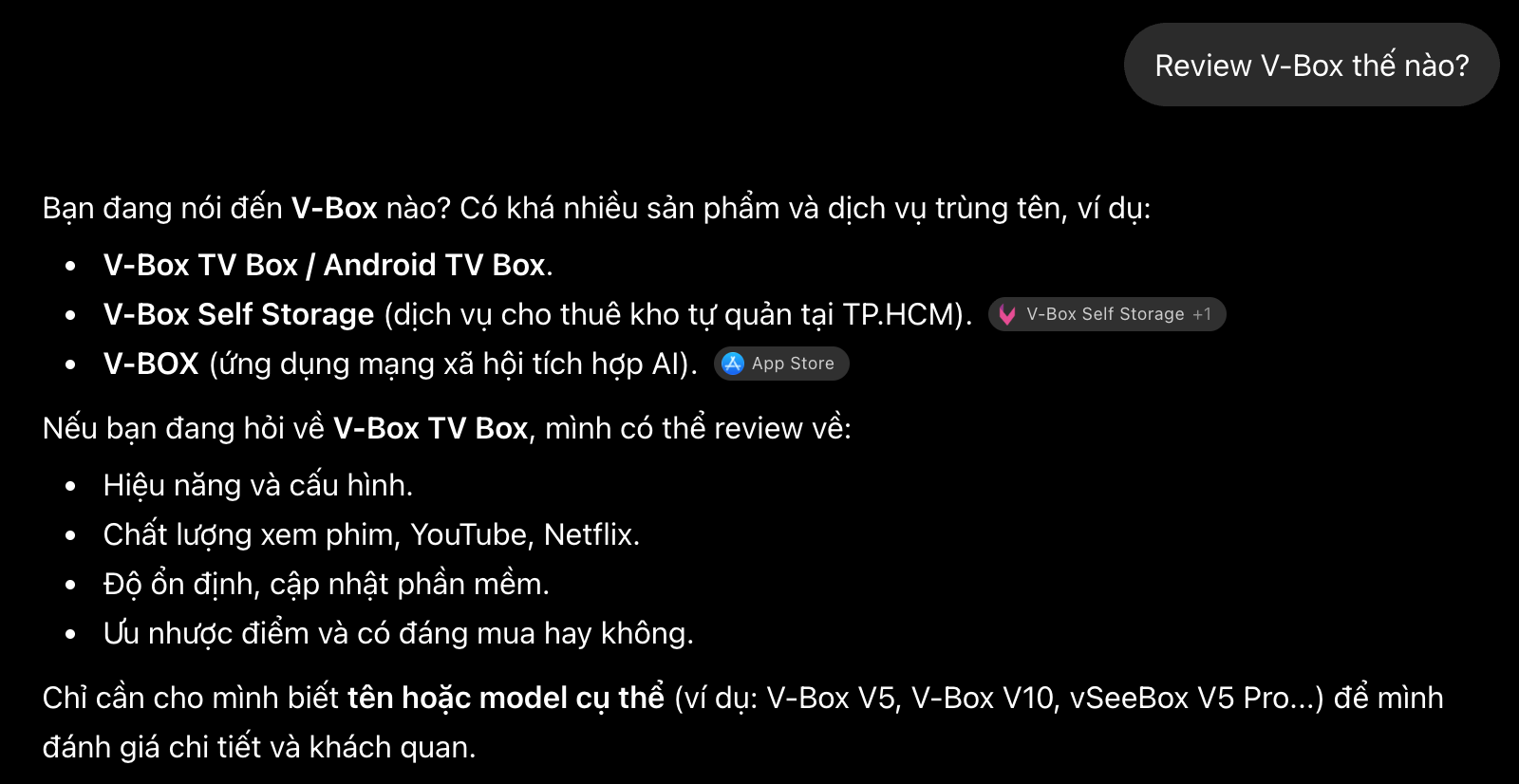Ở baseline, AI bịa các khuyến mãi như 2 tháng miễn phí và giảm 50 phần trăm cho V-Box