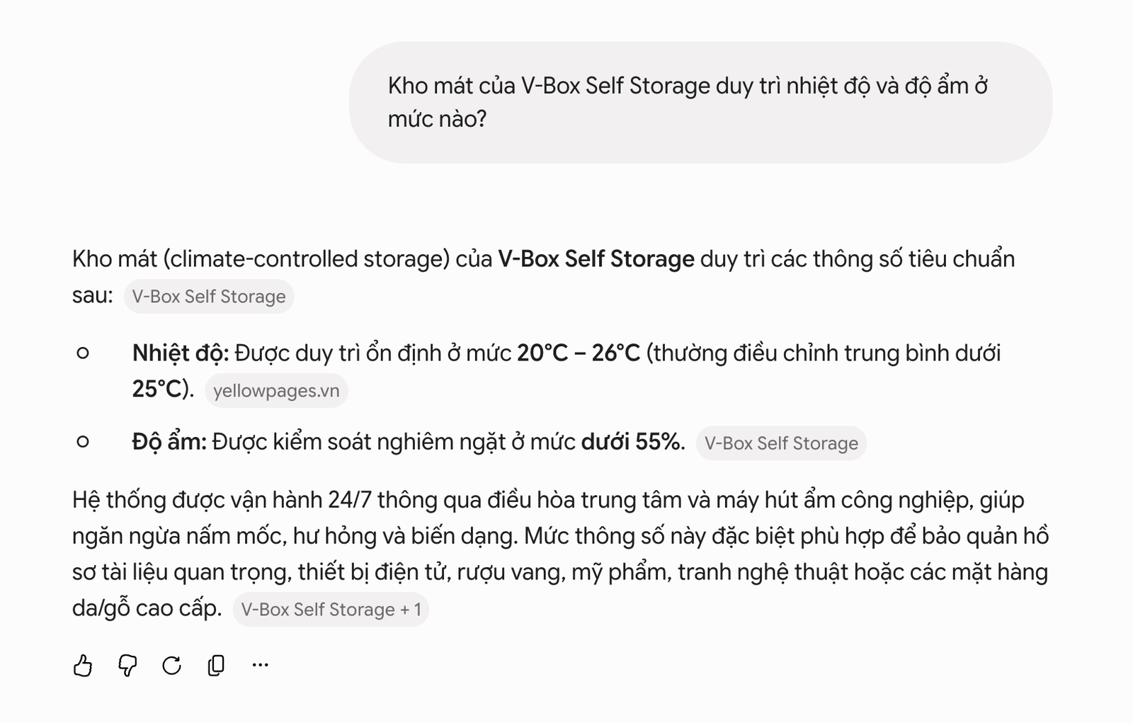 Gemini còn báo nhiệt độ kho mát V-Box 20-26 độ, lấy từ một listing bên ngoài